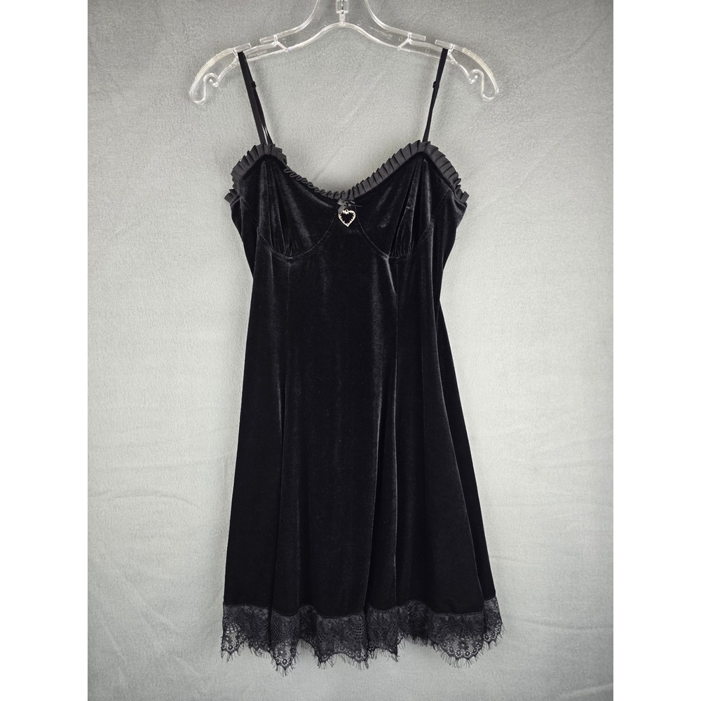 Velvet Slip Dress Womens S Black Lace Trim Heart Charm Goth Coquette Witchy